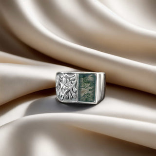 925 Stealing Silver Designer Men's Ring, Decorated With Moss Agate Gemstone,