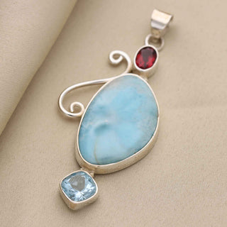 Natural Larimar Gemstone Pendant, 925 Stealing Silver Pendant, Decorated With Red garnet and Blue Topaz Gemstone