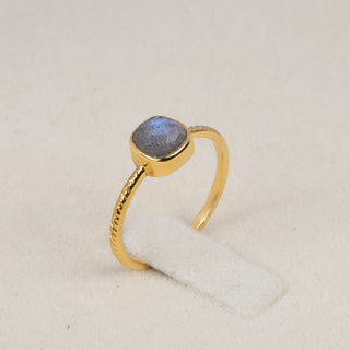 925 Silver Ring Plated With 2 Micron 18kt Gold, Blue Fire Labradorite Stone Ring, Cushion Shape Gemstone