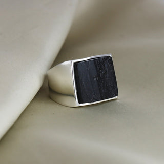 925 Sterling Silver Raw Black Tourmaline Men's Ring