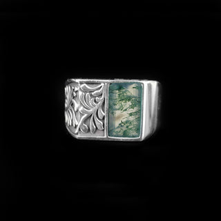 925 Stealing Silver Designer Men's Ring, Decorated With Moss Agate Gemstone,