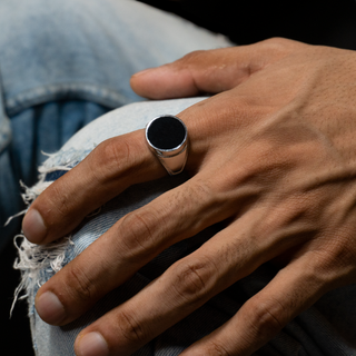 Round Black Onyx Gemstone Sterling Silver Men's Designer Ring