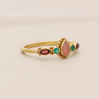 Natural Rose Quartz Stone With Multi Gemstone Ring, Pear Shape Gemstone, 925 Silver 18kt Gold Plated