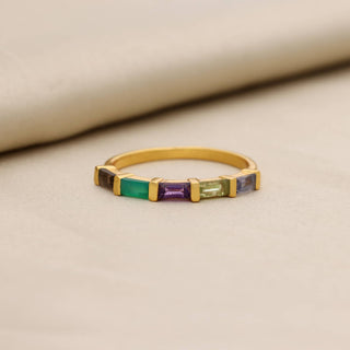 Natural Multi Stone Ring, Baguette Shape Gemstone, 925 Silver 18kt Gold Plated