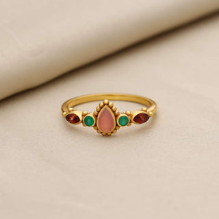 Natural Rose Quartz Stone With Multi Gemstone Ring, Pear Shape Gemstone, 925 Silver 18kt Gold Plated