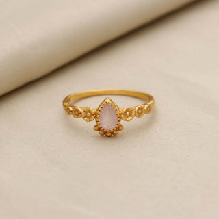 Natural Rose Quartz Stone Ring, Pear Shape Gemstone, 925 Silver 18kt Gold Plated