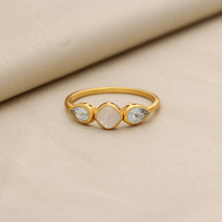 Natural Moon Stone and Swiss Blue Topaz Ring, Square Shape Gemstone, 925 Silver 18kt Gold Plated