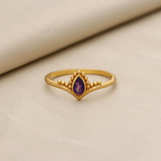 Natural Amethyst Stone Ring, Pear Shape Gemstone, 925 Silver 18kt Gold Plated