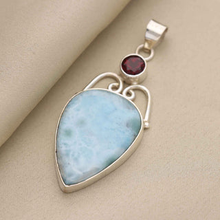 Natural Larimar Gemstone Pendant, 925 Stealing Silver Pendant, Decorated With Red Garnet Gemstone