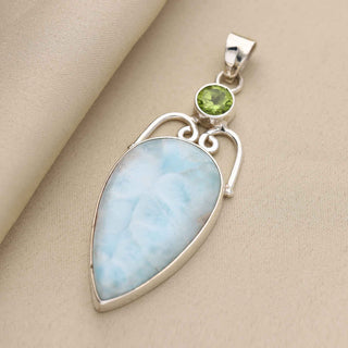 Natural Larimar Gemstone Pendant, 925 Stealing Silver Pendant, Decorated With Peridot Gemstone