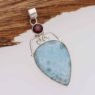 Natural Larimar Gemstone Pendant, 925 Stealing Silver Pendant, Decorated With Red Garnet Gemstone