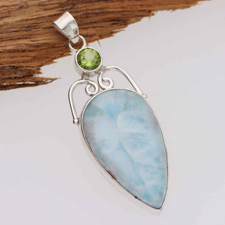 Natural Larimar Gemstone Pendant, 925 Stealing Silver Pendant, Decorated With Peridot Gemstone