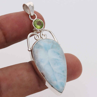 Natural Larimar Gemstone Pendant, 925 Stealing Silver Pendant, Decorated With Peridot Gemstone