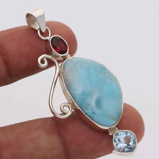 Natural Larimar Gemstone Pendant, 925 Stealing Silver Pendant, Decorated With Red garnet and Blue Topaz Gemstone