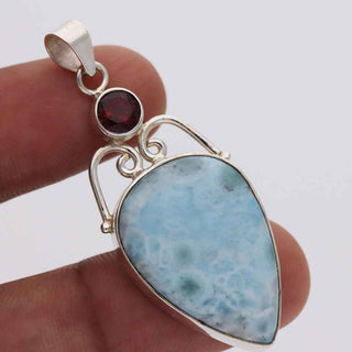 Natural Larimar Gemstone Pendant, 925 Stealing Silver Pendant, Decorated With Red Garnet Gemstone