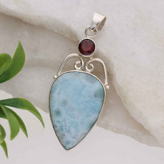 Natural Larimar Gemstone Pendant, 925 Stealing Silver Pendant, Decorated With Red Garnet Gemstone