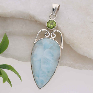 Natural Larimar Gemstone Pendant, 925 Stealing Silver Pendant, Decorated With Peridot Gemstone