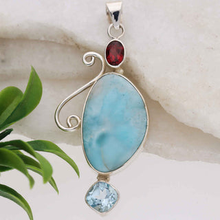 Natural Larimar Gemstone Pendant, 925 Stealing Silver Pendant, Decorated With Red garnet and Blue Topaz Gemstone