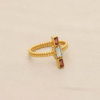 Sky Blue Topaz and Red Garnet Stone  Ring, Baguette Shape Gemstone, 925 Silver 18kt Gold Plated