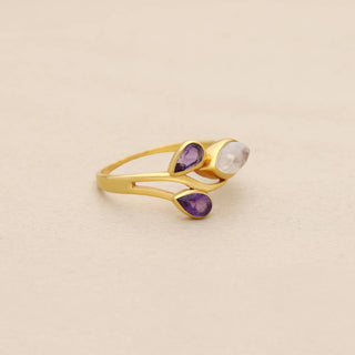 Natural Amethyst Stone and Rainbow moonstone Ring, Marquise Shape Gemstone, 925 Silver 18kt Gold Plated