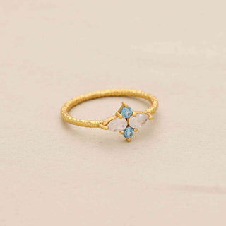 Sky Blue Topaz & White Rainbow moonstone Ring, Pear and Round Shape Gemstone, 925 Silver 18kt Gold Plated