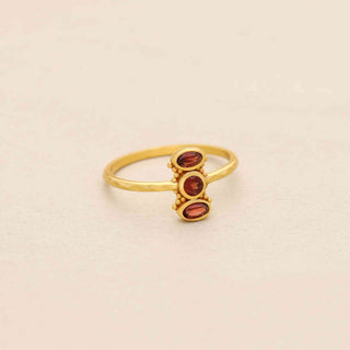 Natural 3 Stones Red Garnet Stone Ring, Oval & Round Shape Gemstone, 925 Silver Ring With 18kt Gold Plated