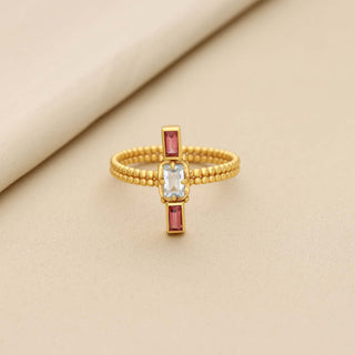 Sky Blue Topaz and Red Garnet Stone  Ring, Baguette Shape Gemstone, 925 Silver 18kt Gold Plated