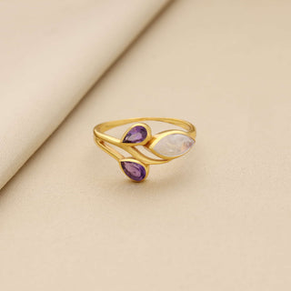 Natural Amethyst Stone and Rainbow moonstone Ring, Marquise Shape Gemstone, 925 Silver 18kt Gold Plated