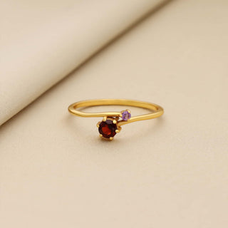 Tiny Red Garnet and Amethyst Stone Ring, Round Shape Gemstone, 925 Silver 18kt Gold Plated