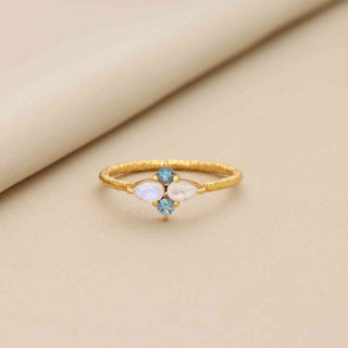 Sky Blue Topaz & White Rainbow moonstone Ring, Pear and Round Shape Gemstone, 925 Silver 18kt Gold Plated