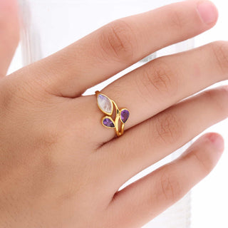 Natural Amethyst Stone and Rainbow moonstone Ring, Marquise Shape Gemstone, 925 Silver 18kt Gold Plated