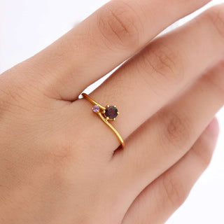 Tiny Red Garnet and Amethyst Stone Ring, Round Shape Gemstone, 925 Silver 18kt Gold Plated