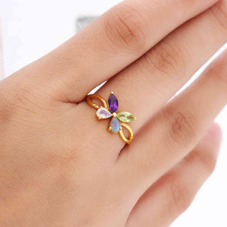 Multi Stone Ring, Marquise Shape Gemstone, 925 Silver Ring With 18kt Gold Plated