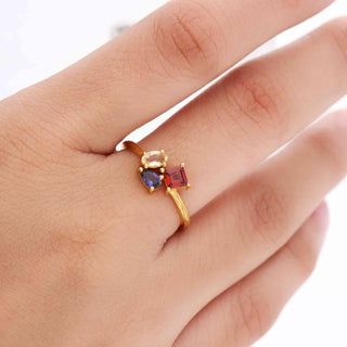 Three Multi Stone Ring, MIx Shape Gemstone, 925 Silver 18kt Gold Plated