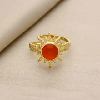 Sun Shape 925 Stealing Silver Ring, Decorated With Orange Onyx Gemstone, Plated with 2 Micron 18kt Gold