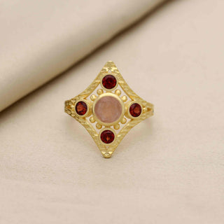 925 Silver Ring Plated With 2 Micron 18kt Gold, Pink Opal and garnet Gemstone Ring, Decorated With Round Shape Gemstone