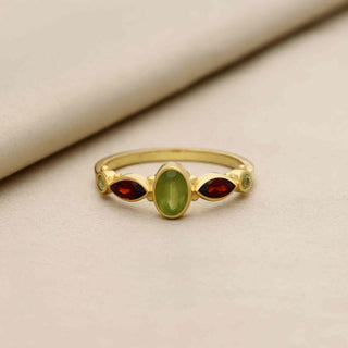 925 Silver Ring Plated With 2 Micron 18kt Gold, Peridot and Red Garnet Stone Ring, Oval and Marquise Shape Gemstone