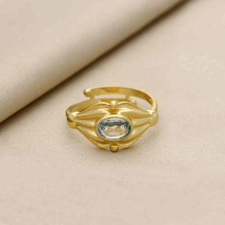 925 Silver Ring Plated With 2 Micron 18kt Gold, Swiss Blue Topaz Gemstone Ring, Decorated With Oval Faceted Cut Shape Gemstone