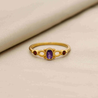 925 Silver Ring Plated With 2 Micron 18kt Gold, Natural Amethyst and garnet Ring, Oval Shape Gemstone