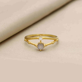 925 Silver Ring Plated With 2 Micron 18kt Gold, Natural Labradorite or Moonstone Ring, Round Shape Gemstone