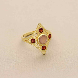 925 Silver Ring Plated With 2 Micron 18kt Gold, Pink Opal and garnet Gemstone Ring, Decorated With Round Shape Gemstone