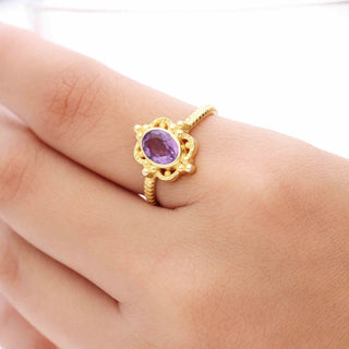 925 Silver Ring Plated With 2 Micron 18kt Gold, Purple Amethyst Stone Ring, Oval Shape Gemstone