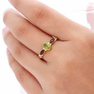 925 Silver Ring Plated With 2 Micron 18kt Gold, Peridot and Red Garnet Stone Ring, Oval and Marquise Shape Gemstone