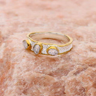 Two Tone Minimalist Ring Genuine Herkimer Stone Ring 925 Silver Ring With 18kt Gold