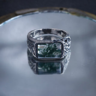 925 Sterling Silver Mens Moss Agate Gemstone Ring