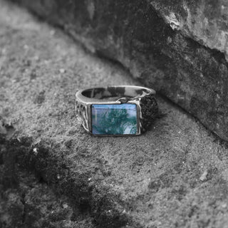 925 Sterling Silver Mens Moss Agate Gemstone Ring