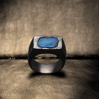 Rough Labradorite 925 Silver Black Oxidized Men's Ring