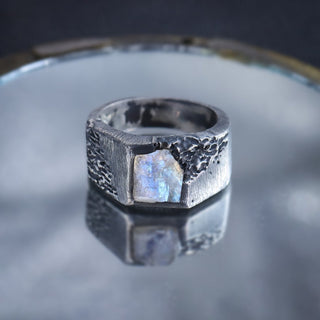 925 Sterling Silver Raw Rough Moonstone Men's Ring