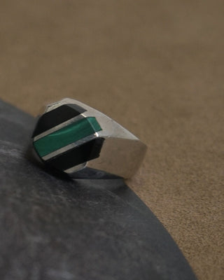 925 Sterling Silver Malachite Black Onyx Men's Ring