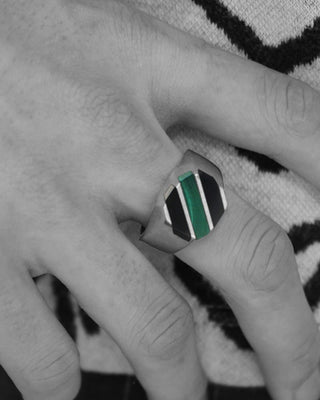 925 Sterling Silver Malachite Black Onyx Men's Ring